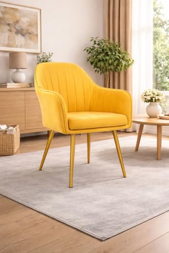 Image of Accent Chair for Living Room| Soft Velvet Fabric Armchair with Multi Colour Leg Options | Modern Chair with Thick Cushion for Home Office restaurent and cafes| 1pc (Golden Legs, Yellow)