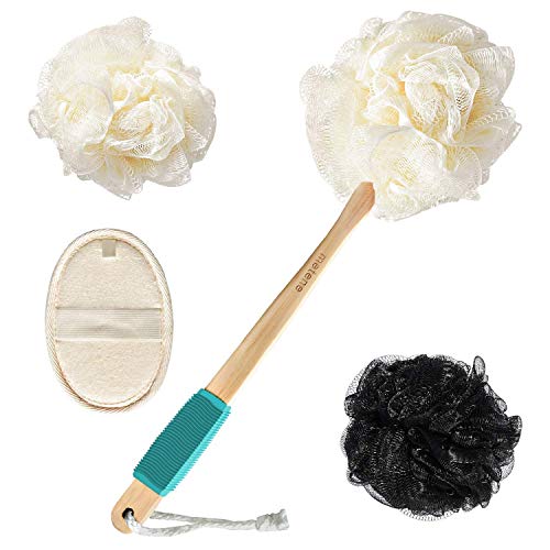 Shower Body Brush 4 in 1 Set, Loofah Bath Sponge for Men and Women, Includes 1 Long Handle Back Scrubber, 2 Shower Luffa Ball, and 1 Natural Exfoliating Loofah Pad