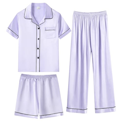 SWOMOG Kids Satin Pajamas Set 3 PCS Girls Boys Silk Sleepwear Short Sleeve Nightwear Long Pant Pjs Loungewear Little Boy 140 CM Lavender