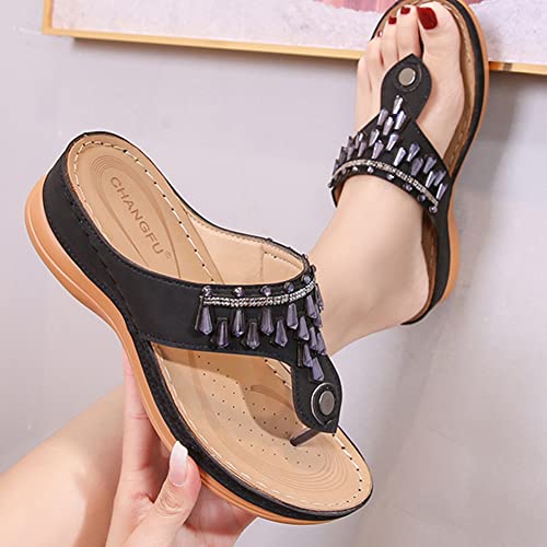 Tscoyuki Women's Beaded Rhinestones Wedge Flip Flops Sandals, Orthotic Arch Support Slip-On Thong Sandals Slippers2
