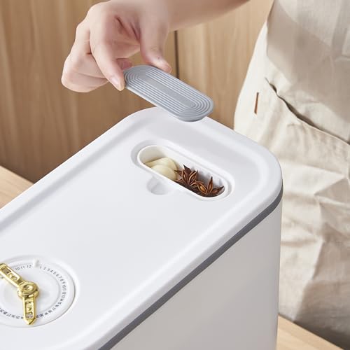 Image of Sooyee 20Lbs Rice Dispenser, Large Grain Container Storage with Lid Measuring Cylinder Moisture Proof Household Cereal Dispenser Bucket for Kitchen Soybean Corn,White and Grey