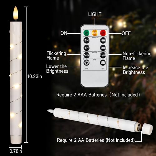 Image of Flameless Taper Candles with Remote for Wedding Decorations,3D Flickering Flame Battery Operated LED Plastic Candles Arounded with Starlight String, Romantic Home Decoration, Pack of 6, White