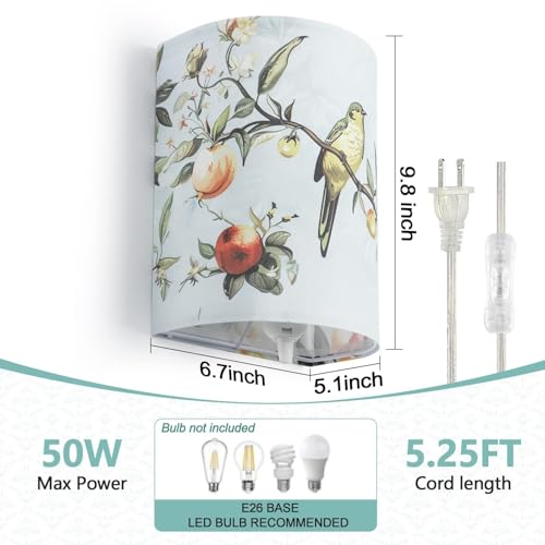 Image of Wall Sconces Set of Two Plug in, Fabric Wall Lamp with On /Off Switch, Plug in Sconce with Floral and Bird Print, Rustic Bedside Sconces Decor for Bedroom, Living Room, Blue(Bulb not Include)