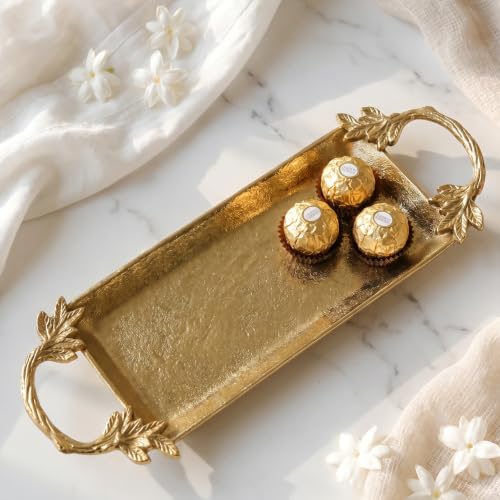 Image of BEHOMA Aluminium Golden Serve Tray with Leaf Handle, 16.7 inch | Golden aluminium serve tray with leaf handle, 16.7 inch; perfect Durga Puja & Navratri serveware.