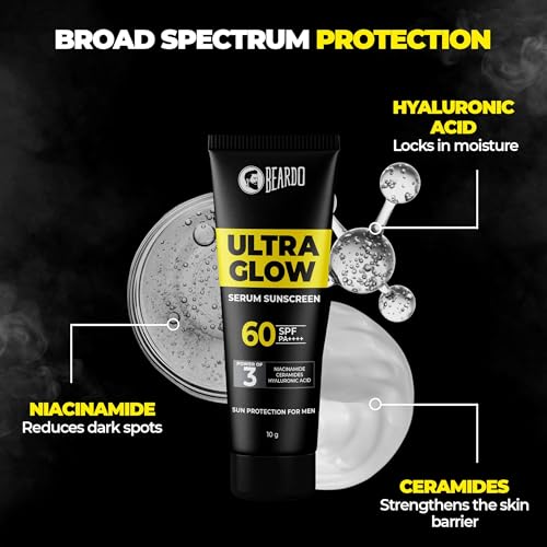 Image of Beardo Ultra Glow Serum Sunscreen SPF 60+ PA++++| UVA /UVB Protection | No White Cast | Ultra Lightweight 3 in 1 with Niacinamide, Ceramides & Hyaluronic Acid | Non-Greasy | Designed for Men | 10g