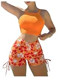 SHENHE Women's High Waisted Shorts Swimsuits Tummy Control High Neck Halter 2 Piece Bikini Set Orange Small