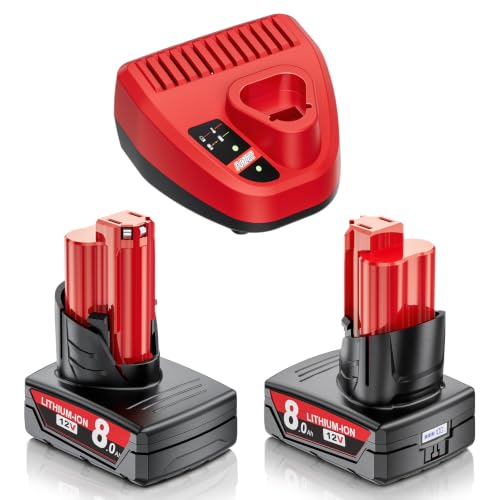 Maxofpowr 2Pack 8.0Ah Replacement for Milwaukee M12 Battery and Charger Compatible with Milwaukee 12V Battery Fit for 48-11-2401 48-11-2412 48-11-2411 48-11-2420 48-11-2410 Cordless Tools