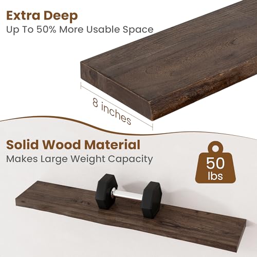 Image of Floating Shelves for Wall Decor, Rustic Solid Elm Wood Live Edge Floating Shelves Wall Mounted, Wall Shelves with Invisible Bracket for Living Room Bathroom Bedroom Kitchen, 36 Inch Set of 2, Walnut