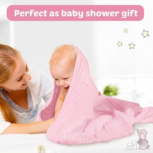 Image of Chumia 6 Pack Baby Muslin Bath Towels Bulk 43.3 x 43.3 Inch 6 Layer Soft Cotton Swaddle Receiving Blankets Breathable Quick Dry for Newborn Infant Toddler, Baby Shower Registry Gifts(Pink and White)