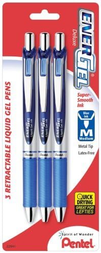 Pentel EnerGel Deluxe RTX - Bolígrafos de tinta de gel, punta de metal de 0.7 milímetros, tinta azul, paquete de 3 (BL77BP3C). Color azul Tamaño de