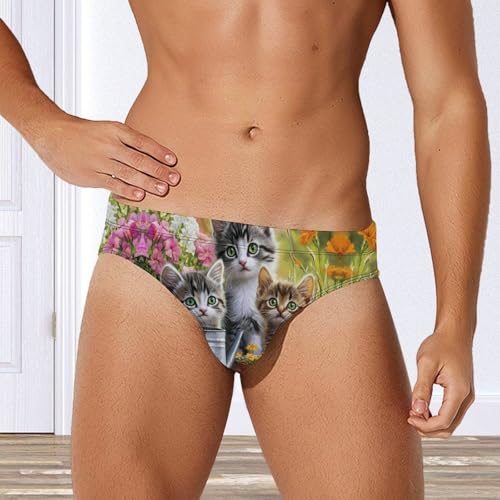 Three Cute Cats Flowers Printed Swim Briefs for Men Sexy Bikini Swimwear Elastic Beach Trunks Bathing Suit2