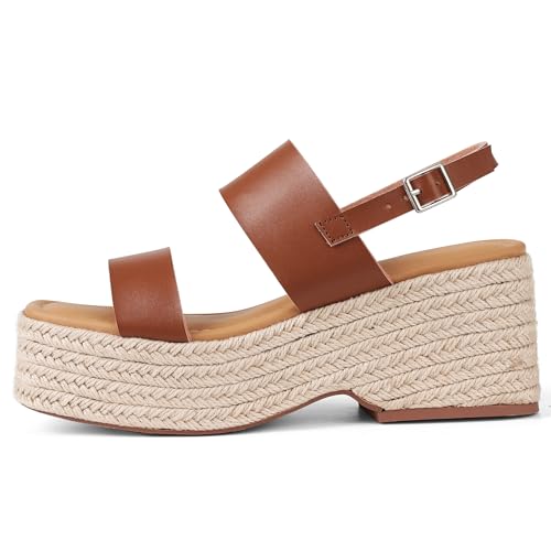 Image of EQAUDES Platform Sandals Women Open Toe Ankle Strap Summer Wedge Espadrille Sandals Cute Beach Straw Raffia Woven Sandals Comfortable Vacation Dress Shoes
