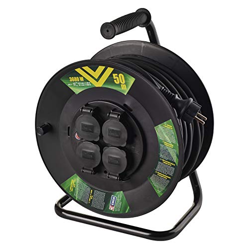 EMOS P08250 Profi-Kabeltrommel, 50m Kabel mit 4 Schuko Steckdosen, 1,5 mm2 Gummi, IP44, für Außenbereich, 50 Meter
