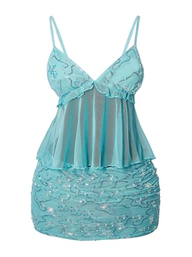 Floerns Womens 2 Piece Date Night Outfit Sequin Beaded Mesh Cami Top Glitter Mini Skirts Set Teal Blue X-Small