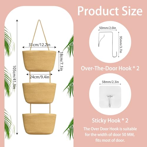 WATUNID Over Door Storage Hanging Basket, 3 Tier Wall Mount Hanging Storage Basket with 4 Pcs Hooks, Woven Cotton Rope Storage Basket Decorative for Bedroom, Living Room, Bathroom, Nursery(Jute) - Cosy Home Interiors WATUNID Over Door Storage Hanging Basket, 3 Tier Wall Mount Hanging Storage Basket with 4 Pcs Hooks, Woven Cotton Rope Storage Basket Decorative for Bedroom, Living Room, Bathroom, Nursery(Jute) - Image 2