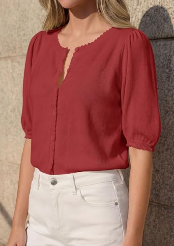 PRETTYGARDEN Puff Short Sleeve Cardigans for Women Lightweight 2026 Summer Shirts Button Up Knit Sweater Tops Spring Clothes (Rust,Small) — view 4