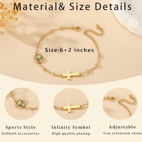 Image of Softball /Volleyball /Soccer /Basketball Football Bracelet for Girls Women, 14K Gold Plated Cross Link Chain Sport Accessories Christian Jewelry Gifts for Teens Team Coach Players