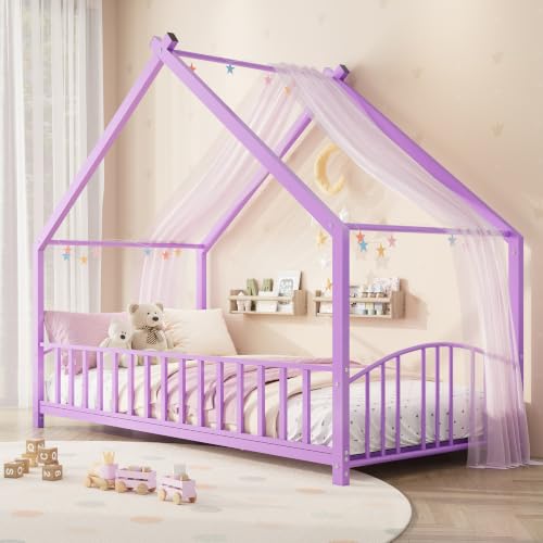 Image of Garvee Twin Size House Shape Bed Frame with Rail, Purple