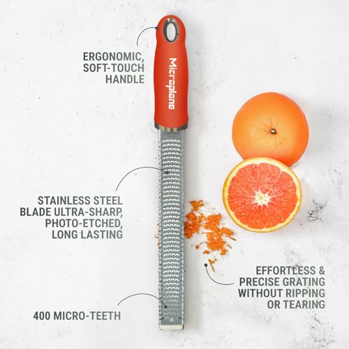 Image of Microplane Premium Classic Zester Grater in Sunset Orange - Vibrant Color | Lemon Zester tool, Cheese & Vegetable Grater | For Citrus, Parmesan Cheese, Garlic, Ginger | Fine Stainless Steel Blade