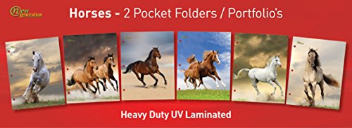 New Generation - Horses - 2 Pocket Folders/Portfolio 6 Pack Letter Size With 3 Hole Punch To Use With Your Binder Heavy Duty Glossy Finish Uv Laminated Folder - Assorted 6 Fashion Design (6 Pack) #TOP3
