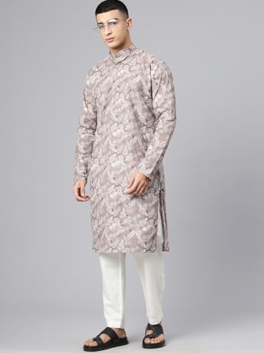 Image of Majestic Man Men's Regular Fit Ethnic Motifs Printed Pure Cotton Long Kurta with Mandarin Collar & Full Sleeves