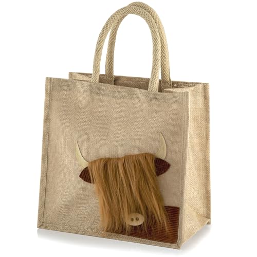 Jute-Einkaufstasche – Hochlandkuh, natur, M, Größe M: 30 x 30 x 23 cm