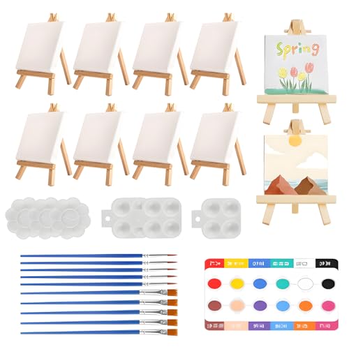 Mini Canvas and Easel Set for Painting, Full Small Canvas Kit,with 10Brushes, 8Sets Art Canvas, 8 Wood Easels, 6 Color Palette/12 Watercolor Paints,for Kids Sip & Paint Party & Beginner Supplies
