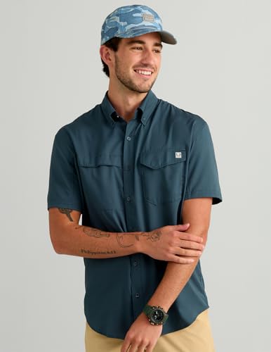 Image of HUK Men's Tide Point Kc Scott Original Artwork Short Sleeve Shirt, Fishing Button Down