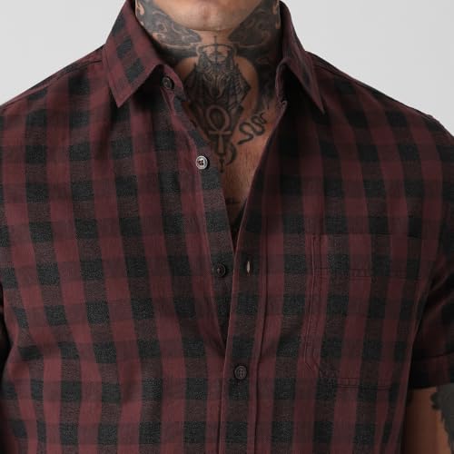 Image of BLUE BUDDHA Men Checked Casual Shirt | Tailored Fit Half Sleeve Shirt for Men | Curved Hem Ready to Wear, Office Casual & Weekend Wear
