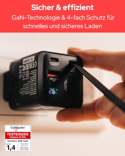 Verbatim GaN Charger 65 W 2-Port USB-C Ladegerät mit ausziehbarem USB-C Kabel, USB-C und USB-A Power Adapter, Schnellladegerät für Apple iPad, iPhone, Samsung & Co, Travel Adapter für EU, UK, USA