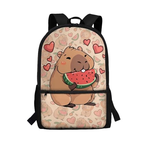 Kawaii Capibala 17 Inch Backpack for Boys Girls Padded Back & Straps Lightweight Cute Bookbag with Side Pocket Kids Daypack for Back to School