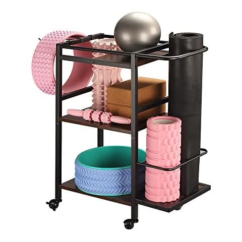Butizone Yoga Mat Storage Rack, Home Gym Rack, Workout Equipment Organizer for Yoga Mat, Foam Roller, Dumbbell, Gym Accessories, Yoga Mat Holder for Women Exercise and Fitness with Hooks Wheels Cover