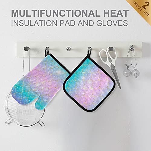 Glitter Mermaid Scales Oven Mitts And Pot Holders Sets Blue Pink Purple Hot Pads Heat Resistant Cooking Gloves Handling Kitchen Cookware Bakeware Bbq #TOP2