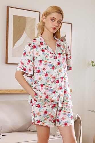 Image of YiNi LuLu Womens Silk Satin Shorts Pajamas Set Button Down 2 Piece Pjs Short Sleeve Oversized Sleepwear with Pockets