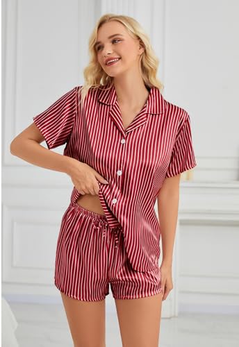 Image of Satin Pajamas for Women, Notch Neck PJ Adjustable Drawstring Shorts | Silky pajama set for women with a lightweight drape. Breathable feel, stays soft after wash