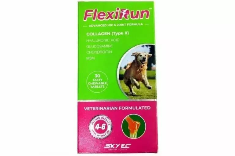 flexirun advanced hip and joint formula for dogs, collagen type ii, with glucosamine, chondroitin, msm, 30 chewable tablets