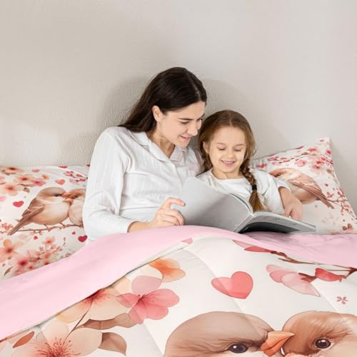 Image of Erosebridal Chickadee Queen Comforter Set Pink Valentine Bedding Set for Kids Teens Love Heart Pattern Bedroom Decor Heart Floral Spring Quilt Duvet