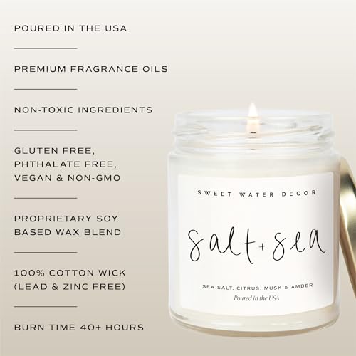 Image of Sweet Water Decor Salt & Sea Candle, Costal Decor Beach & Summer Scent, 9oz | Sea Salt, Citrus, Amber & Musk Scented Soy Wax Candle, Gold Lid, 40+ Hour Burn Time, Poured in USA, Home & Bathroom Decor