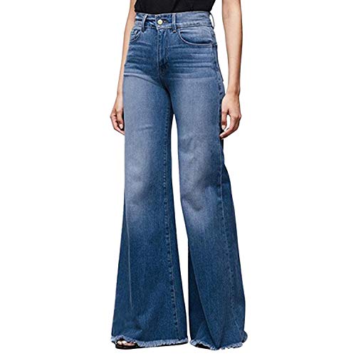 Women Wide Leg High Waisted Flared Jeans Retro Bootcut Raw Hem Denim Pants (UK 20/Tag 4XL)