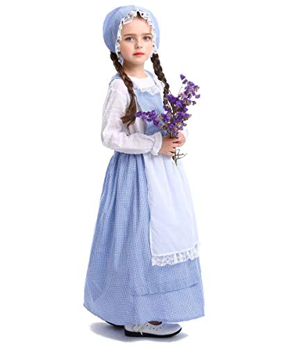 British Pioneer Girl Prairie Dress California Costumes Colonial Pilgrim Maid Dress Halloween Cosplay Costume (Blue, L)