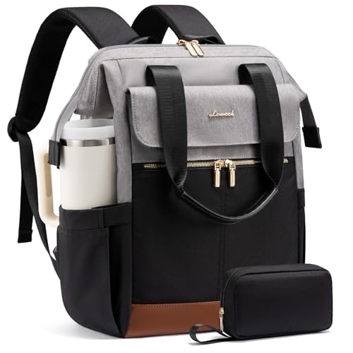 Image of LOVEVOOK Laptop Backpack for Women with Giant Tumbler Holder, 15.6 Inch Work Laptop Bag with USB Port, Fashion Teacher Nurse Backpack Purse, Waterproof Travel Computer Backpack, 2PCS, Grey-Black