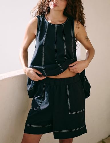 Image of Women 2 Piece Outfits Flowy Sleeveless Tunic Tops Loose Shorts with Pockets Tracksuit Summer Lounge Matching Set 2025
