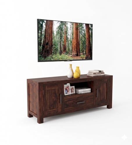 Image of Sheesham Wood Entertainment TV Unit Cabinet with Drawer and Shelf Storage for Home Living Room Solid Wooden Furniture for Hall & Office Decor - (Walnut Finish)