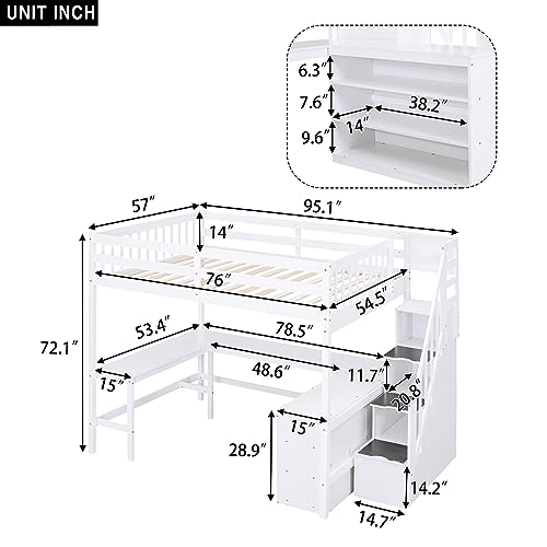 SOFTSEA Full Size Loft Bed with Desk and Storage, Wood Loft Bed with Staircase and Storage Shelves, High Loft Bed Frame with Desk, Stair for Kids Teens Adults, White - Thumbnail 2