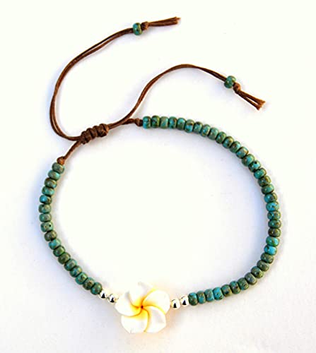 Boho Beaded Anklet For Women And Teen Girls, Unique Bohemian Turquoise And Sterling Silver Beaded Anklet With Hawaii Hawaiian Plumeria Flower, Handmade By Tribes #TOP4