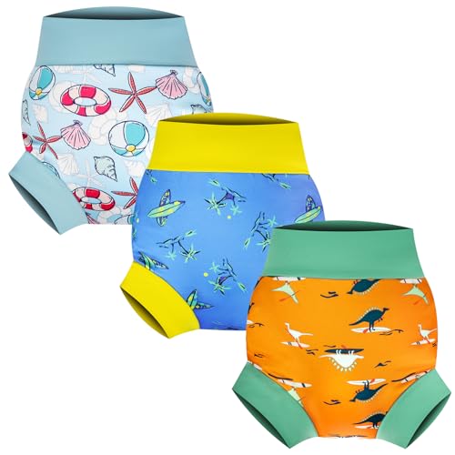 FLYISH DIRECT Pañal de Natación Reutilizables, 3 Paquetes de Pañales para Piscina para bebés y niños, Pañal Bañador a Prueba de Fugas para Niños y Niñas, Aventura en el Océano, XL/4 5 años