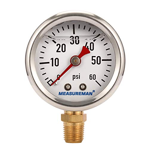 MEASUREMAN 1-1/2" Dial Size, Glycerin Filled Fuel Pressure Gauge, 304 Stainless Steel case, 0-60Psi, +/-3-2-3%, 1/8" NPT Lower Mount