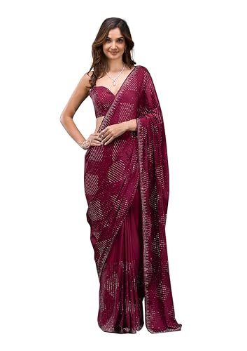 Image of TRENDMALLS Women's Silk Siroski Work Saree with Unstitch Blouse Piece