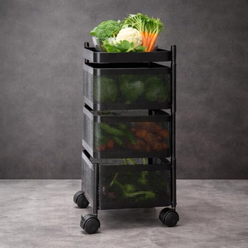 Image of Homeor 3 Layer Kitchen Trolley with Wheels | 360 Rotating Metal Storage Rack for Vegetables, Fruits, Onion & Spices | Square Multipurpose Kitchen Organizer Stand | Metal Kitchen Trolley, Matte Black