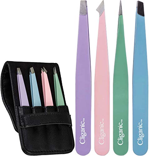 4-Piece Professional Tweezers Set with Case | Stainless Steel | Best Precision for Eyebrow, Splinter & Ingrown Hair Removal | Includes: Slant, Straight, Point & Point/Slant